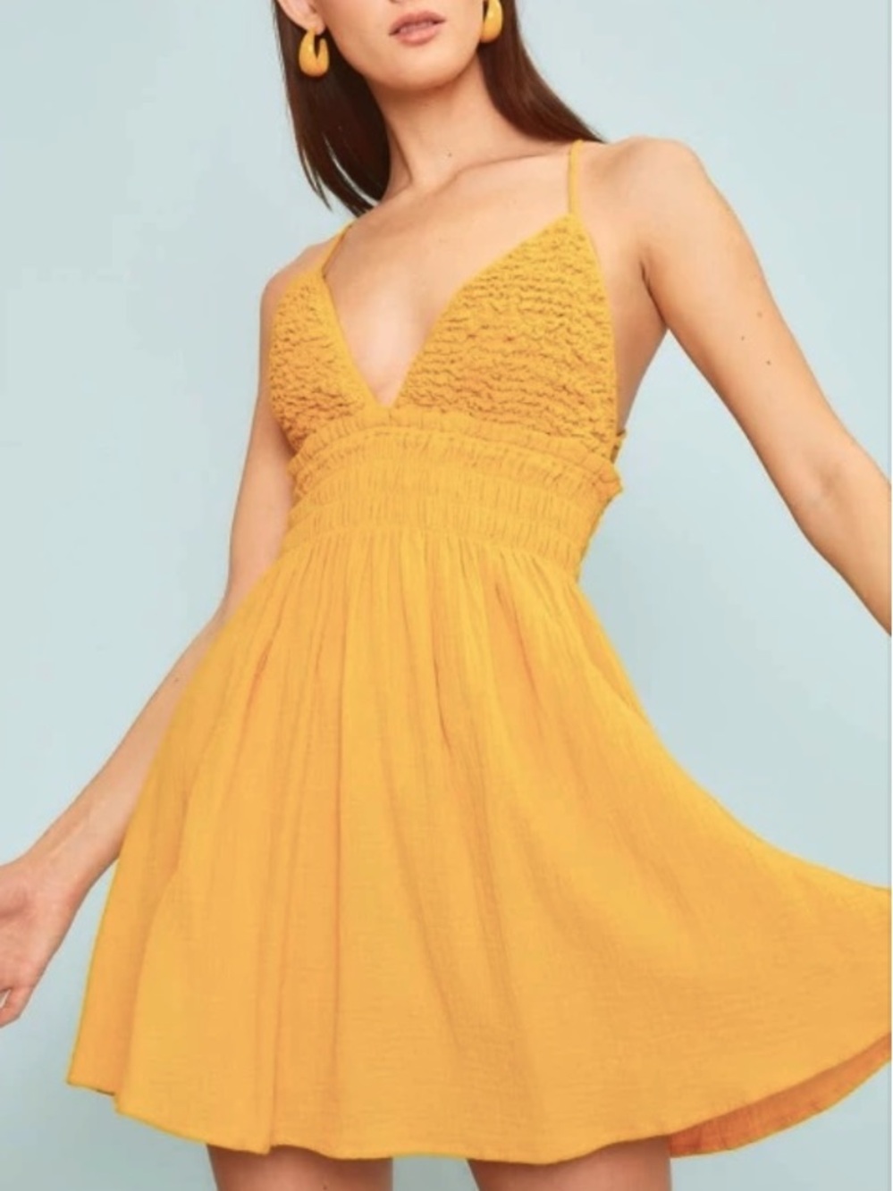 🟠NWT MAIN STRIP Smocked Mini Sundress w/Criss-Cross Back in Dandelion